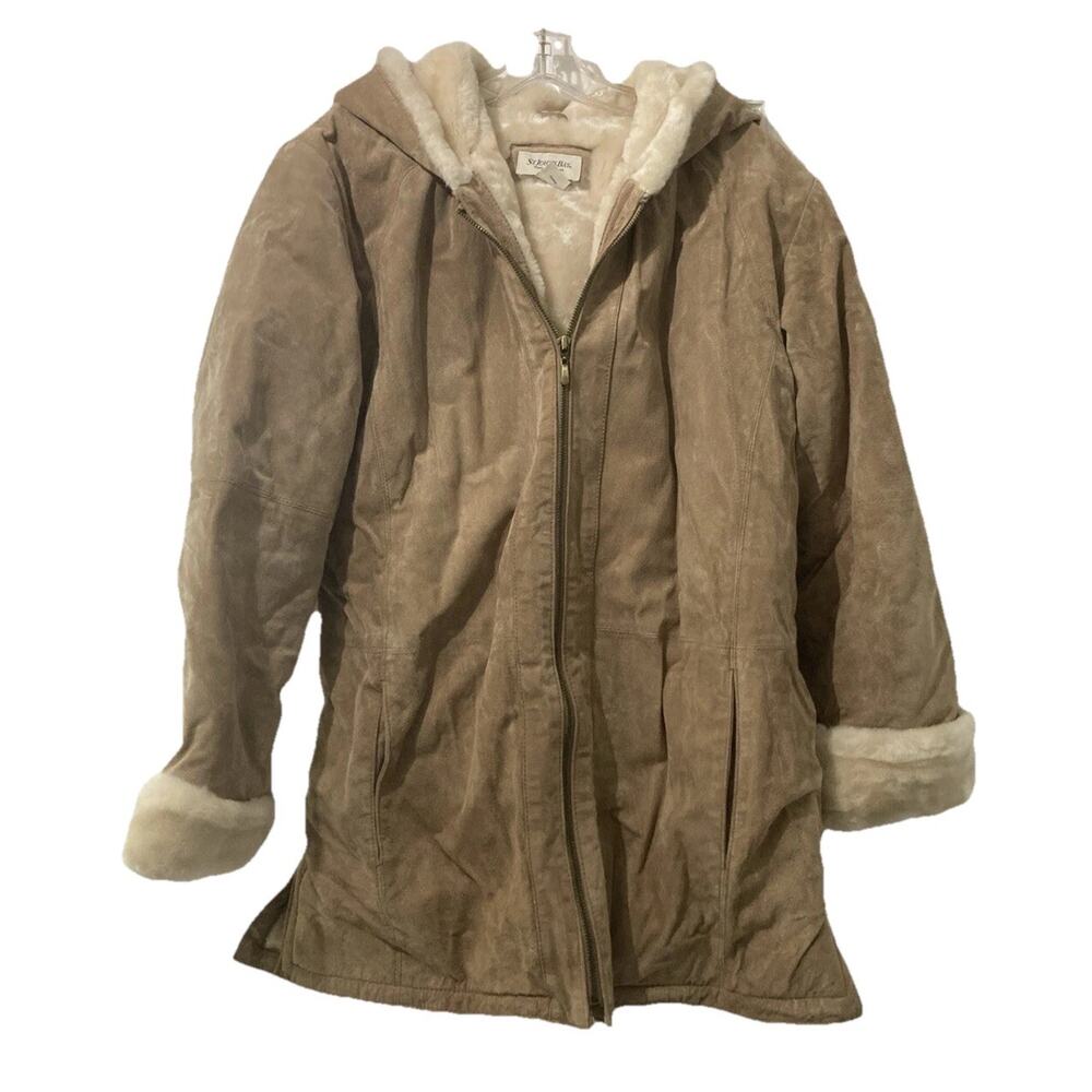 St John’s Bay Tan Washable Suede Leather Faux Fur Coat Size Large Hood Outerwear